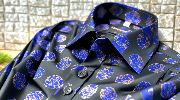 Black & Royal Blue Brocade Button Down Shirt