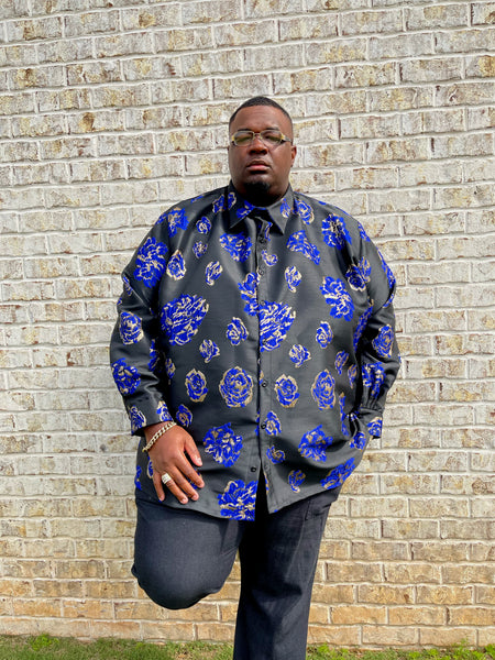 Black & Royal Blue Brocade Button Down Shirt