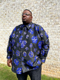 Black & Royal Blue Brocade Button Down Shirt